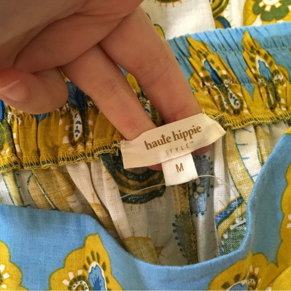 Haute Hippie Style Linen Pants Wide Leg Cropped Blue Cream Paisley Boho Sz M New - Picture 5 of 7